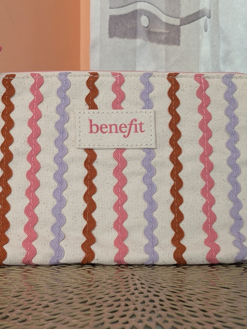 Benefit Canvas Cosmetic Pouch with Pink, Lavender & Brown Wavy Stripes
